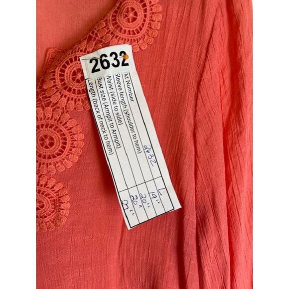 Zac & Rachel Crochet Trim Neck Slit Sleeve Blouse Bright Coral Women's Size L - Picture 6 of 6